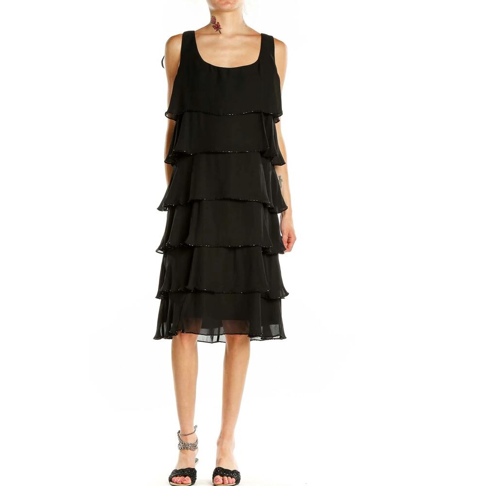 Patra Black Tiered Chiffon Cocktail Dress with Beaded Trim Size 10
